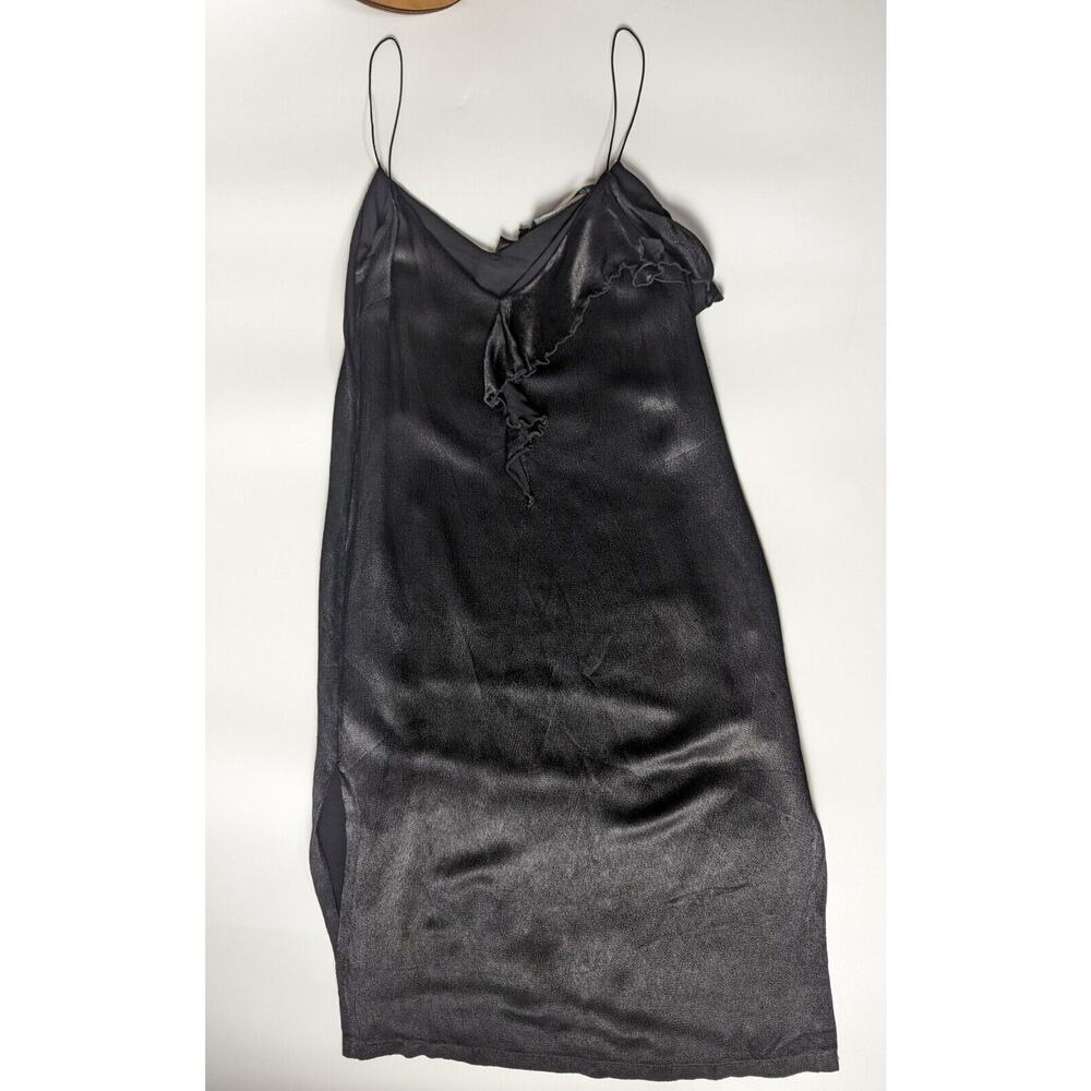 Zara Trafaluc Collection Sz Large Black Silky Ruffle Spaghetti Strap Slit Dress
